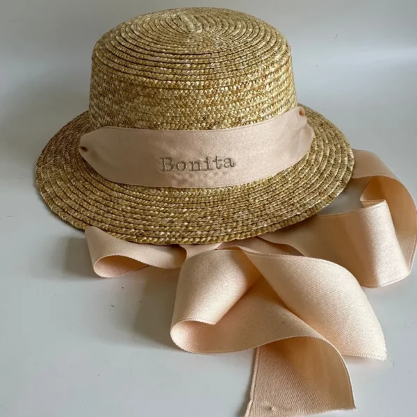 Bonita's Personalised Child Boater - Tie-up Cream Ribbon<Boutique Bonita Fashion