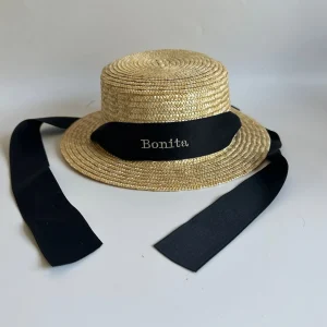 Bonita's Personalised Child Boater - Tie-up Black Ribbon<Boutique Bonita New