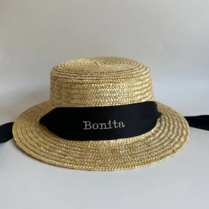 Bonita's Personalised Child Boater - Tie-up Black Ribbon<Boutique Bonita New