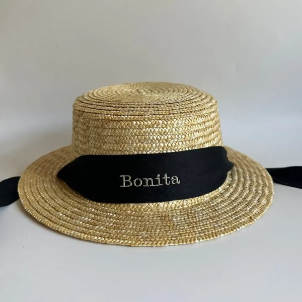 Bonita's Personalised Child Boater - Tie-up Black Ribbon<Boutique Bonita New