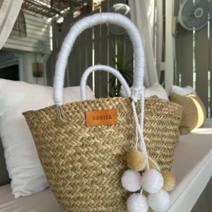 The Bali White Pom Pom Basket<Boutique Bonita Clearance