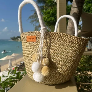 The Bali White Pom Pom Basket<Boutique Bonita Clearance