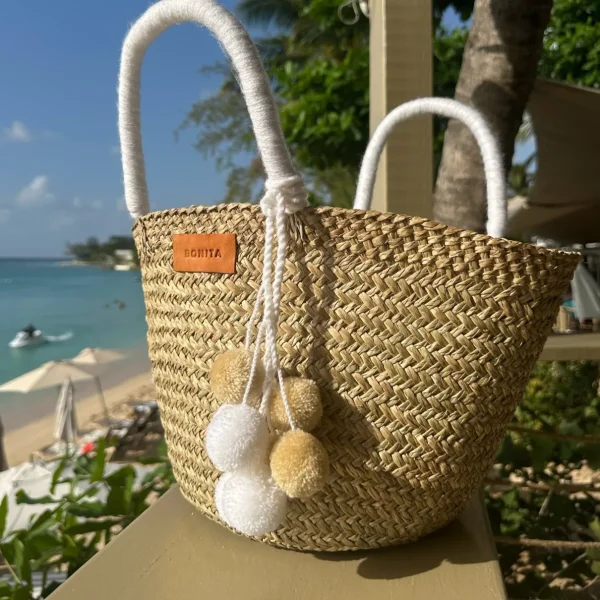 The Bali White Pom Pom Basket<Boutique Bonita Clearance
